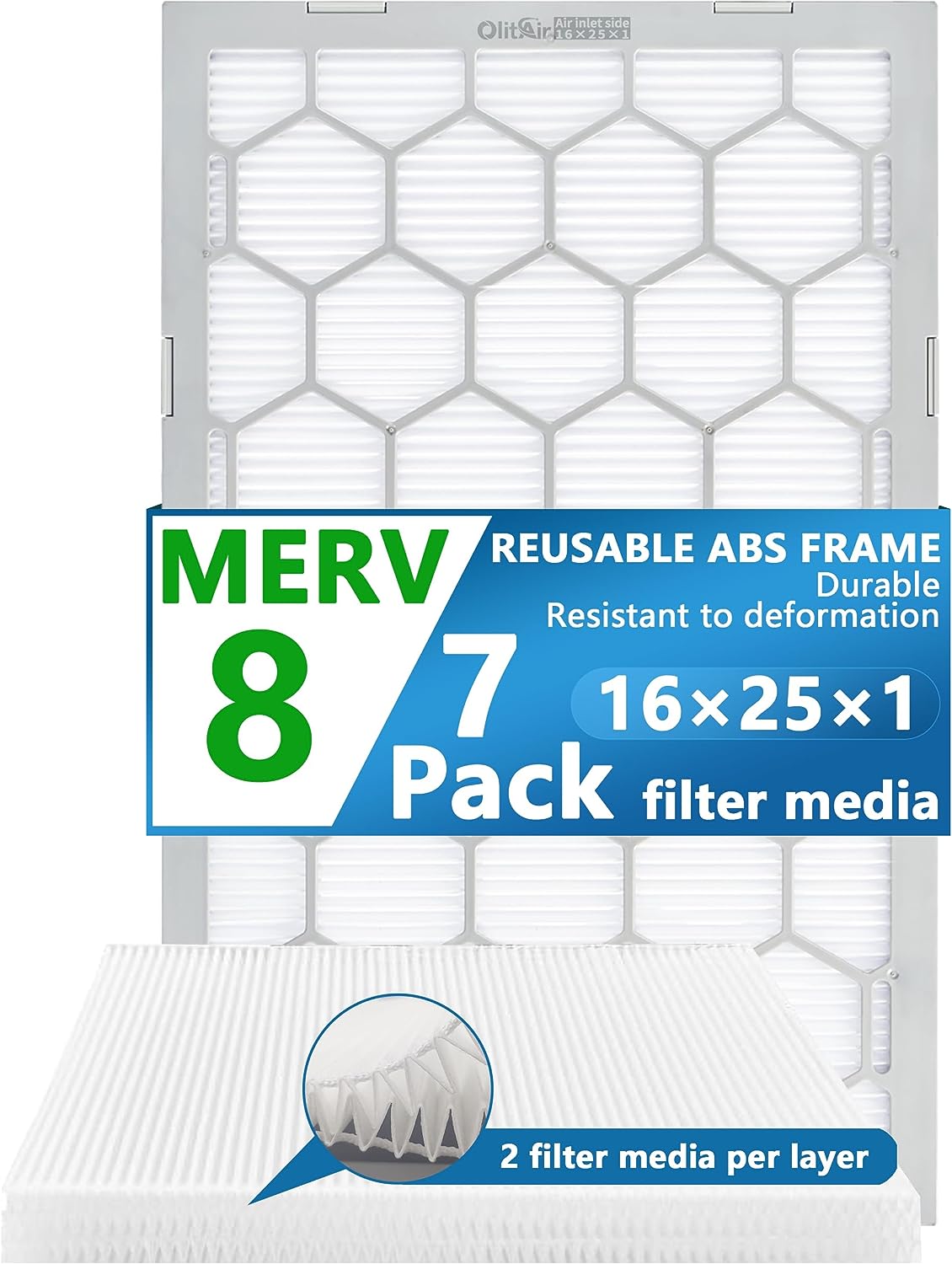 16x25x1 MERV 8 Air Filter,AC Furnace Air Filter,Reusable ABS Plastic Frame, 7 Pack Replaceable Filter Media (Actual Size: 15 3/4 x 24 3/4 x 3/4)