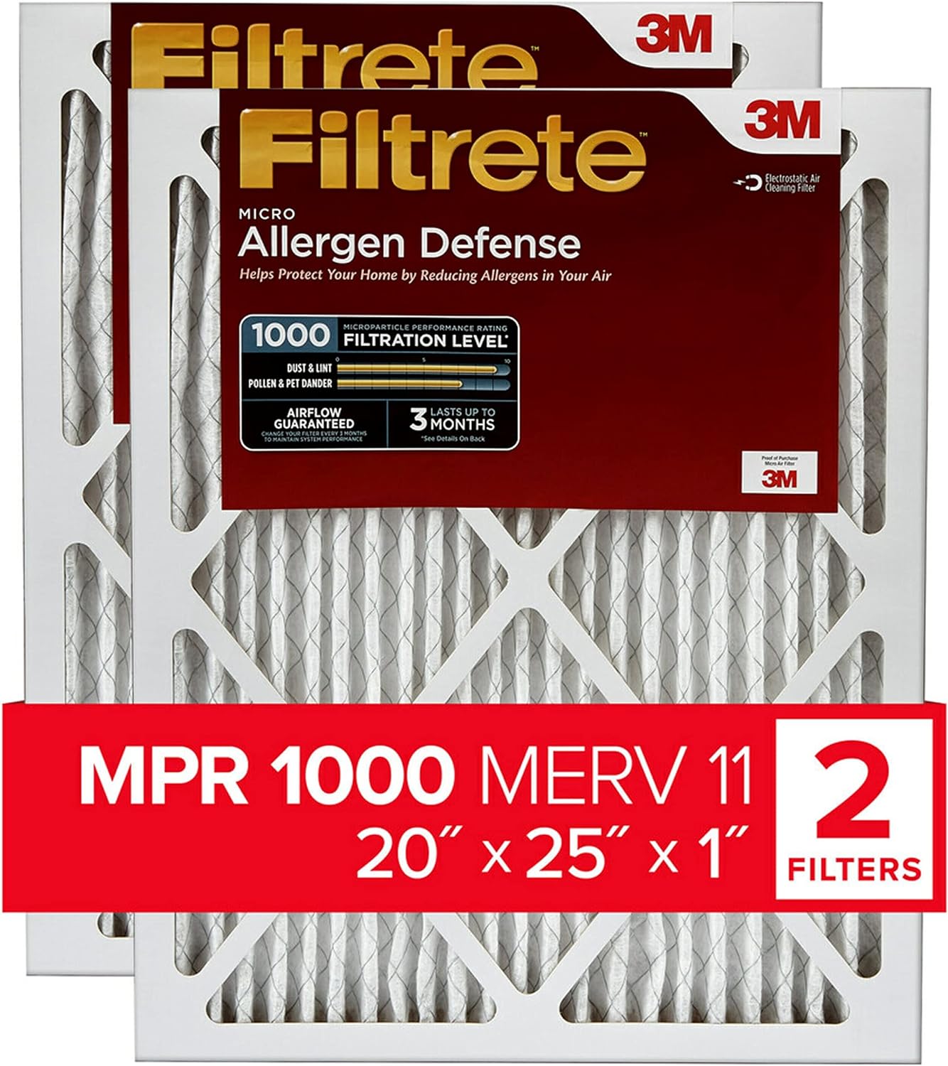 Filtrete 20x25x1 Air Filter, MPR 1000, MERV 11, Micro Allergen Defense 3-Month Pleated 1-Inch Air Filters, 2 Filters