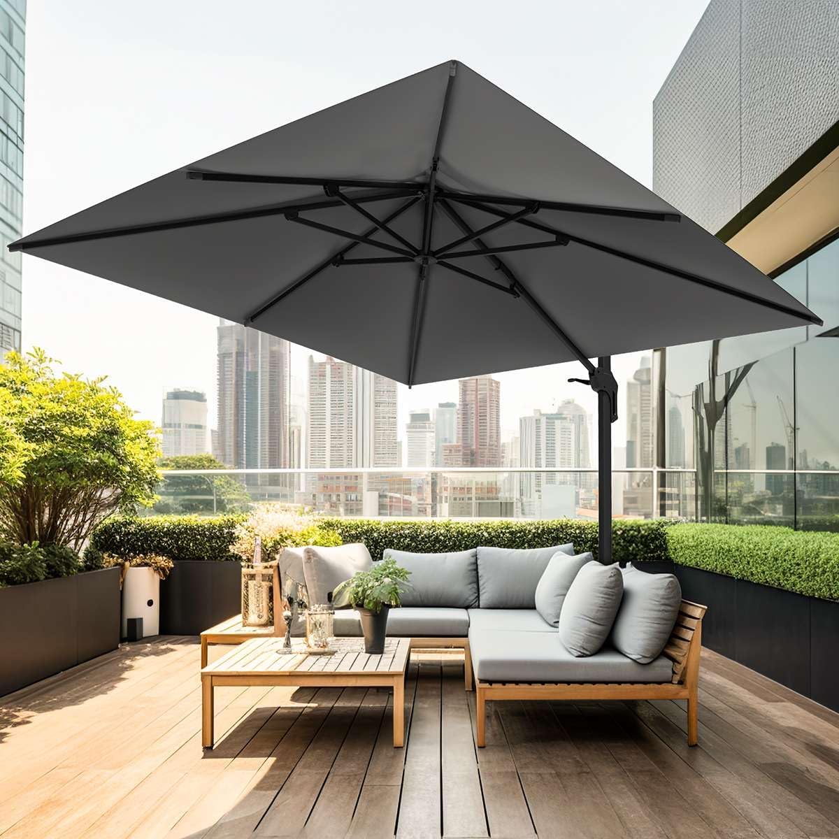 wikiwiki 11x11 FT Cantilever Patio Umbrella Outdoor Large Offset Square Umbrella w/ 36 Month Fade Resistance Recycled Fabric, 6-Level 360Rotation Aluminum Pole for Deck Pool, Grey