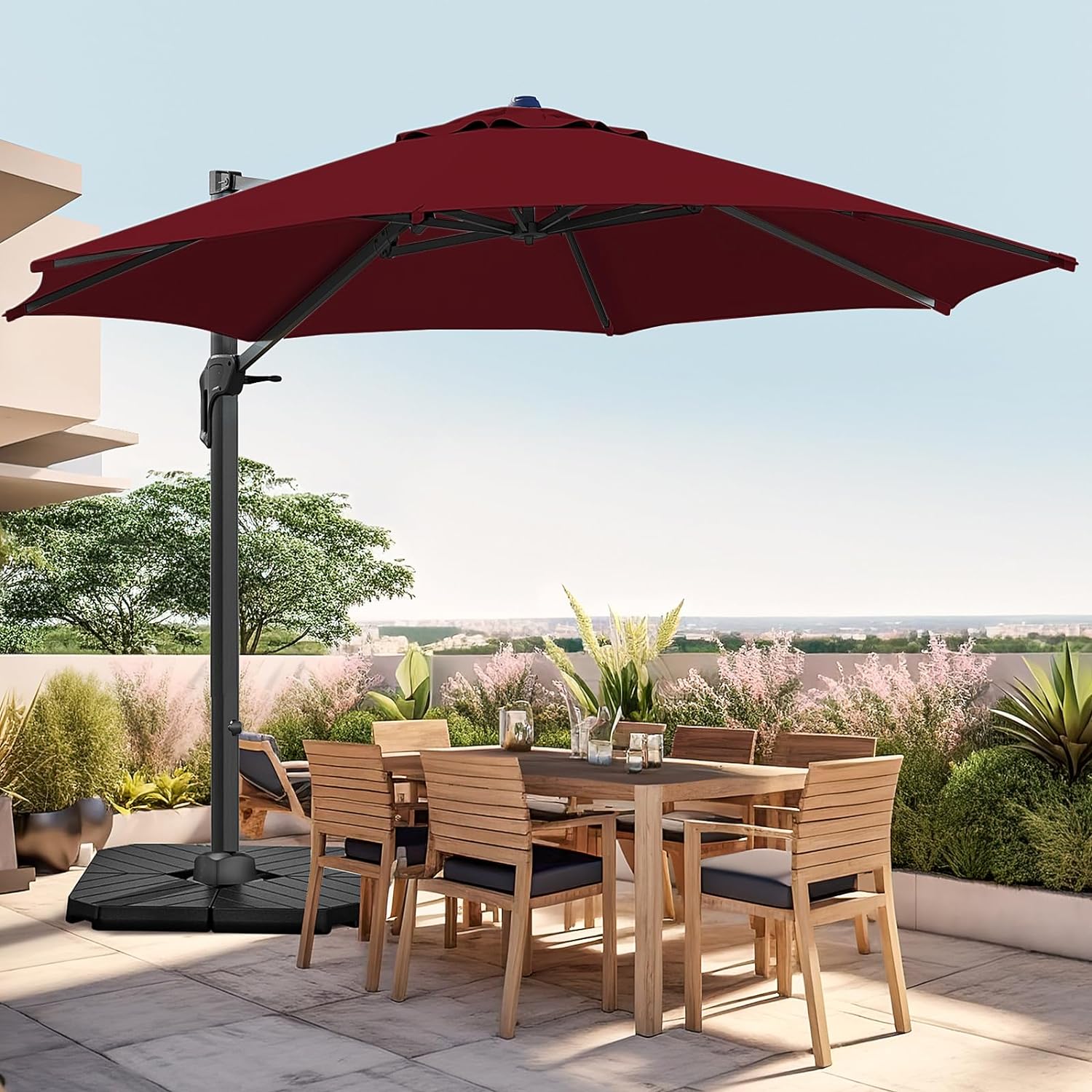 wikiwiki 11 FT Cantilever Patio Umbrellas Outdoor Offset Umbrella w/ 36 Month Fade Resistance Recycled Fabric, 6-Level 360Rotation Aluminum Pole for Deck Pool Garden, Wine Red