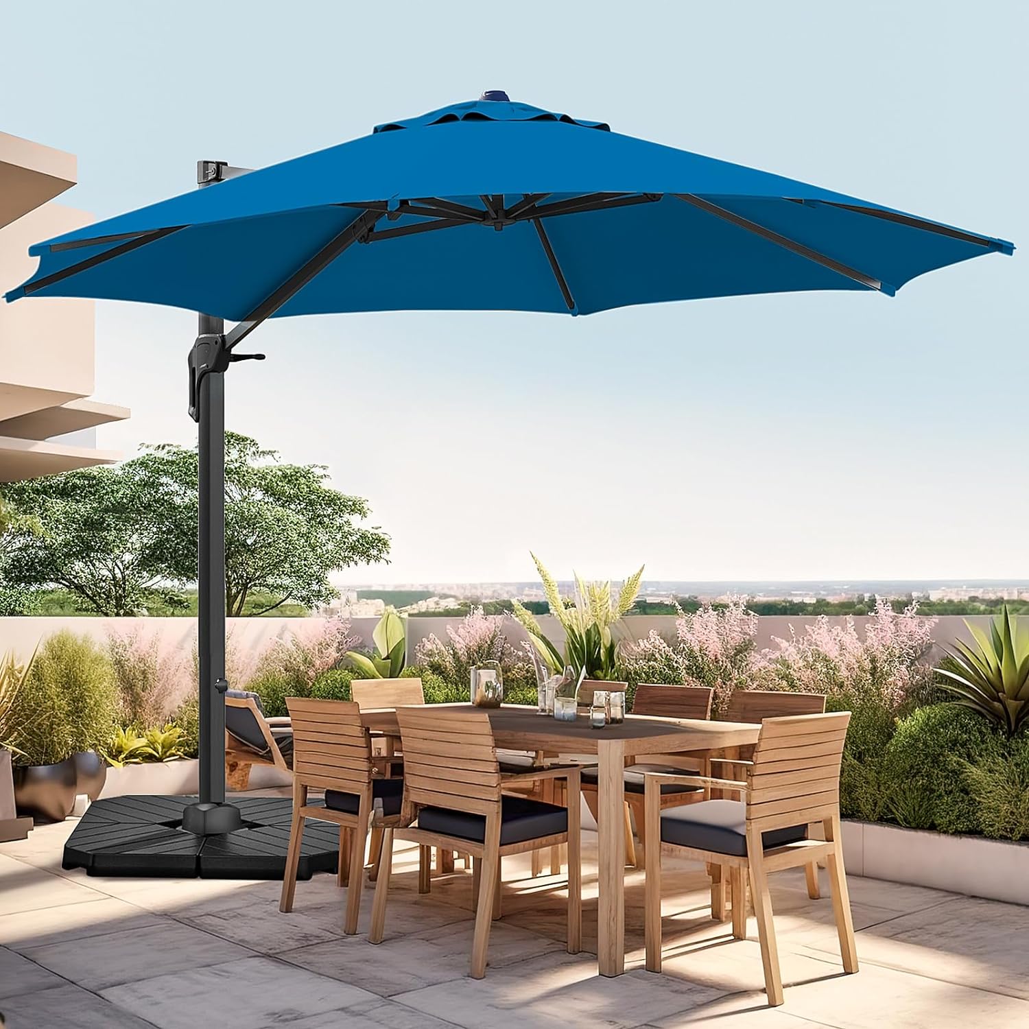 wikiwiki 11 FT Cantilever Patio Umbrellas Outdoor Large Offset Umbrella w/ 36 Month Fade Resistance Recycled Fabric, 6-Level 360Rotation Aluminum Pole for Deck Pool Garden, Royal Blue