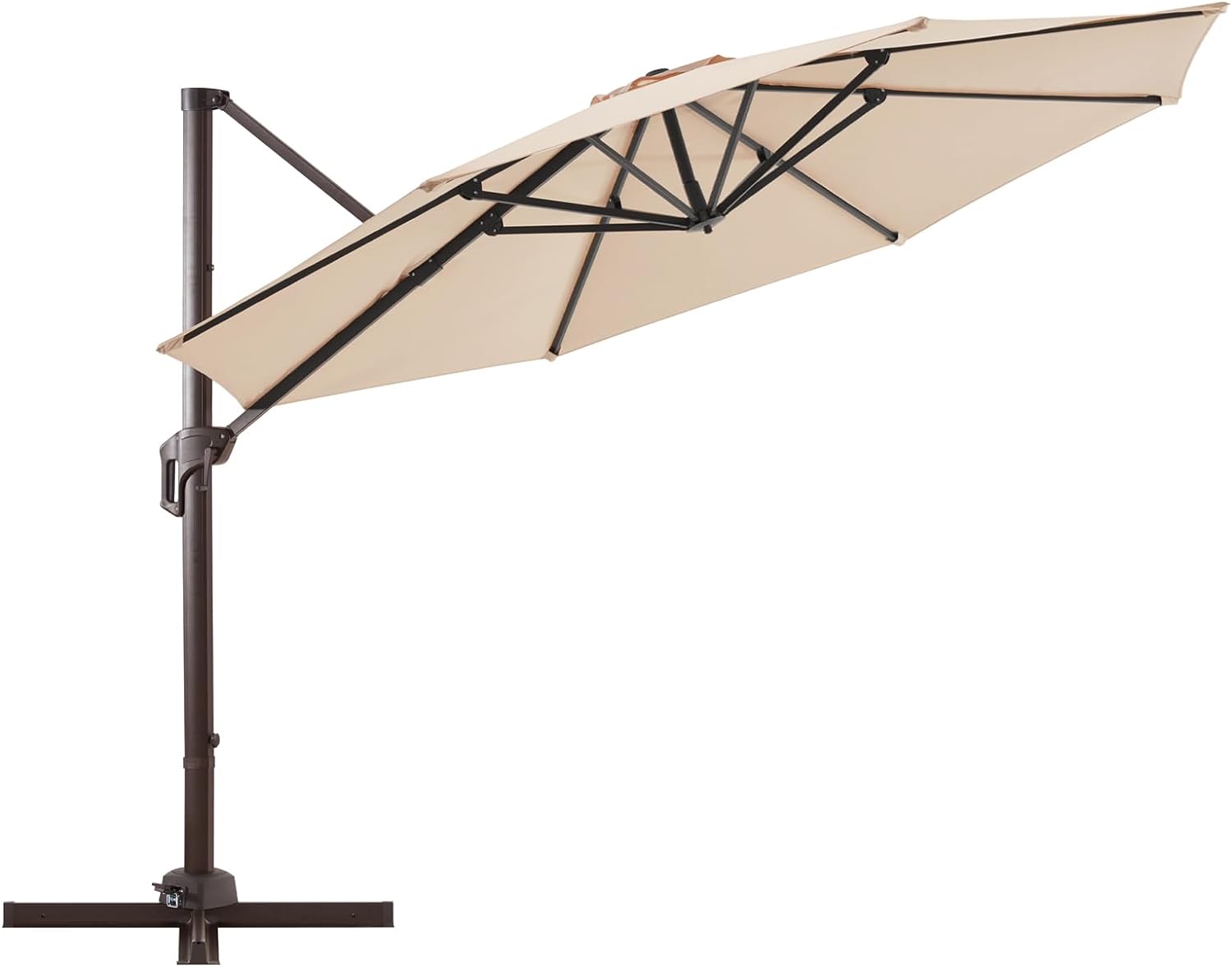 wikiwiki 11 FT Cantilever Patio Umbrellas Outdoor Offset Umbrella w/ 36 Month Fade Resistance Recycled Fabric, 6-Level 360Rotation Aluminum Pole for Deck Pool Garden, Beige