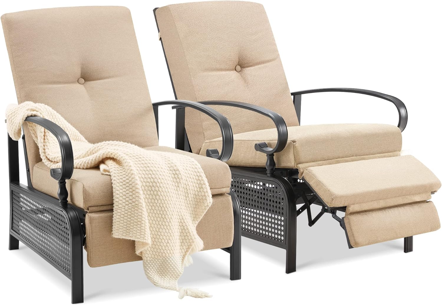 AECOJOY Outdoor Recliner Chairs Set of 2, Patio Outdoor Lounge Chairs Set of 2 with Adjustable Back, Pool Lounge Chairs with Beige Olefin Cushions (Removable)
