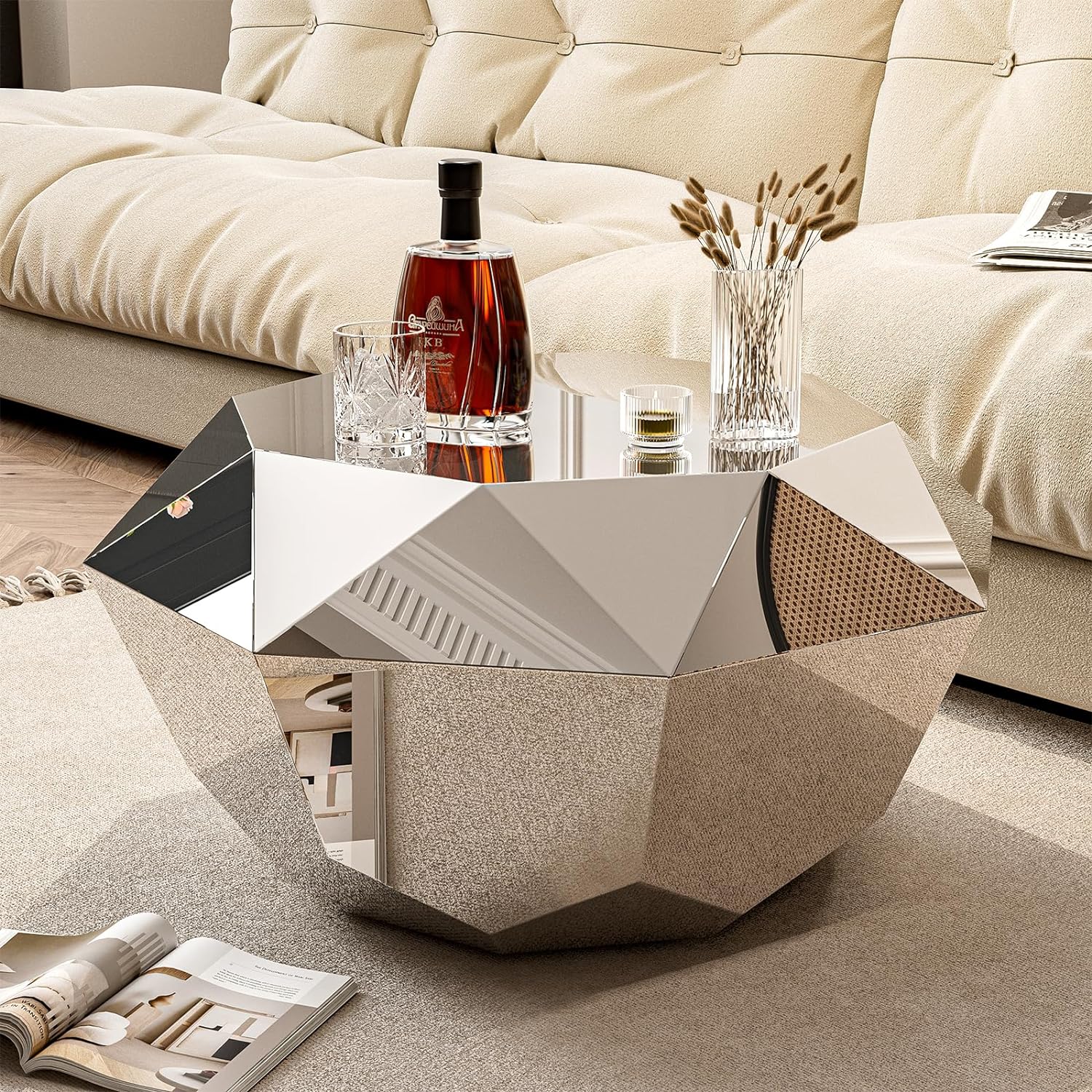 IKIFLY Modern Silver Stainless Coffee Table, Small Diamond Fashion Design Accent Table End Table for Living Room Bedroom