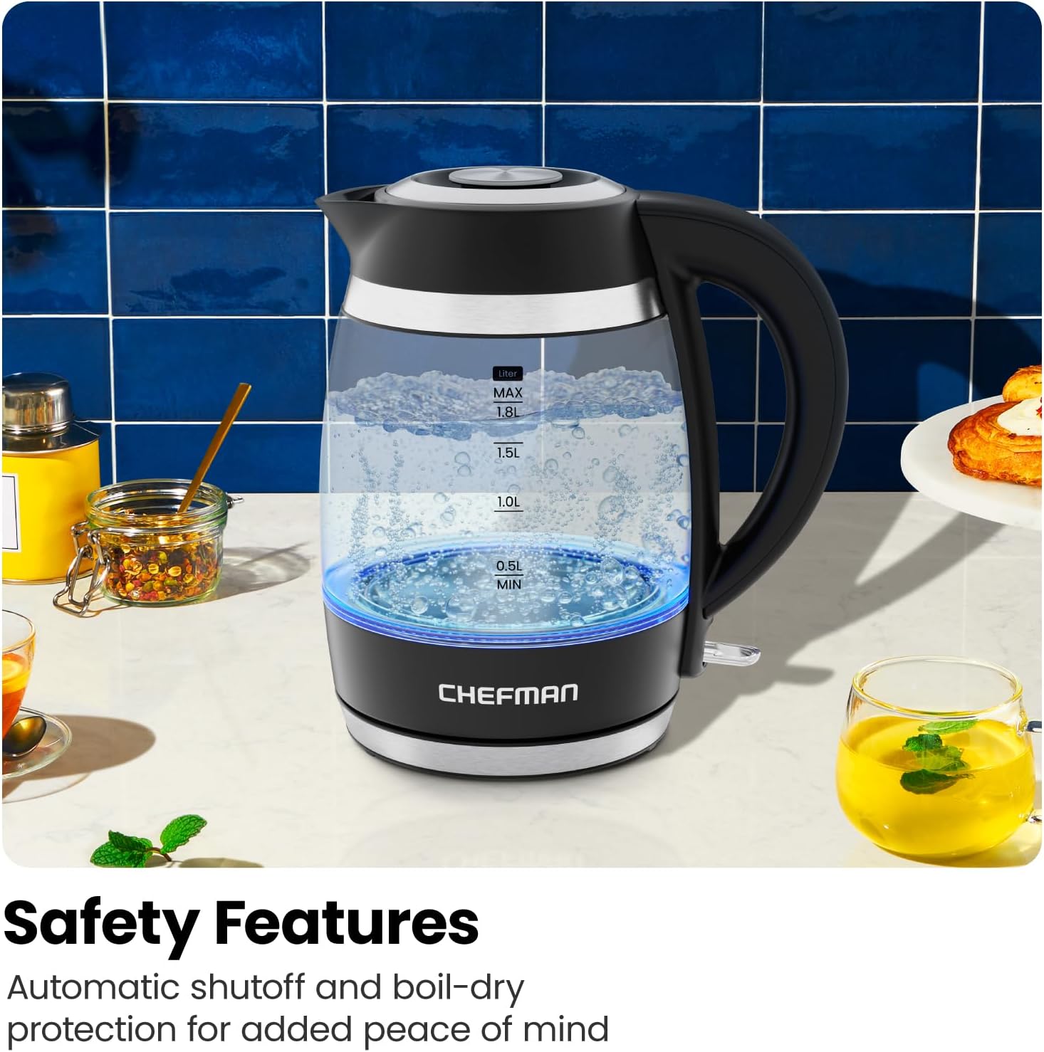 Chefman Electric Kettle, 1.8L 1500W, Hot Water Boiler, Removable Lid for Easy Cleaning, Auto Shut Off, Boil-Dry Protection, Stainless Steel Filter, BPA Free, Borosilicate Glass Electric Tea Kettle