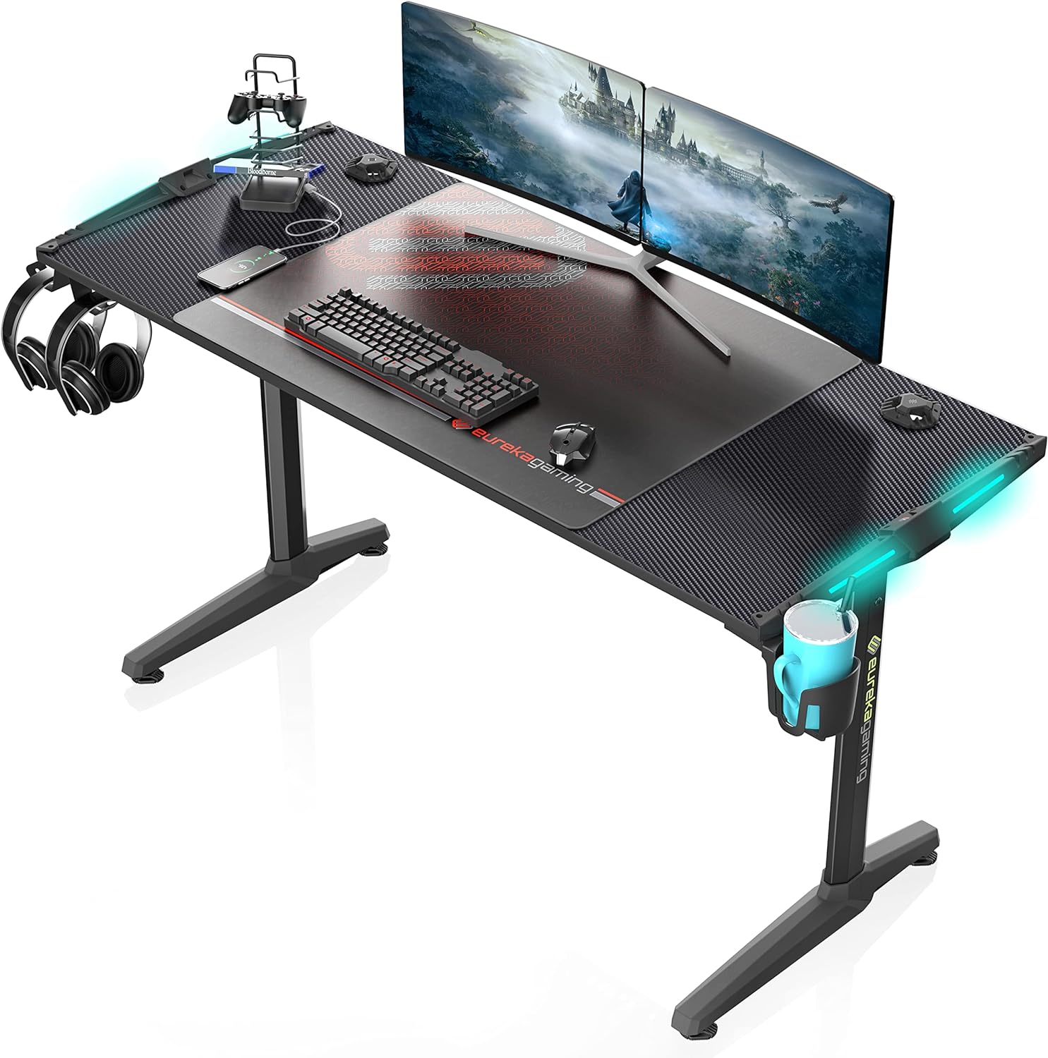 Eureka Ergonomic 55 Inch RGB LED Gaming Desk with Lights Up, PC Computer Studio Gamer Table I Shaped Home Office Workstation, w Free Mouse Pad,USB Ports Controller Stand Cup Headset Holder Black