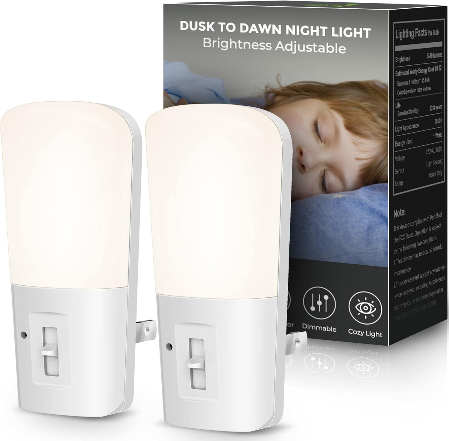 LOHAS Dimmable LED Night Light, Night Lights Plug into Wall, Dusk-to-Dawn Sensor, Daylight White 5000K, Adjustable Brightness 5-80lm Sleep Nightlight for Baby Nursery Bathroom Hallway, 2 Pack