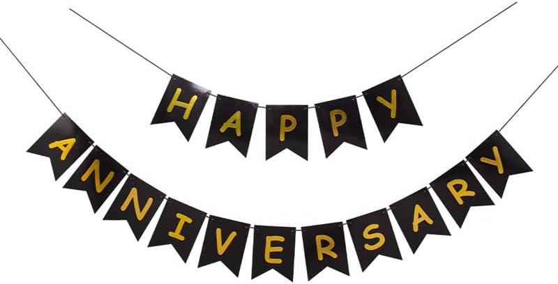 Happy Anniversary Banner Black Banner, Anniversary Hanging Sign Garland for Anniversary wedding Birthday Party Ceremony Decoration