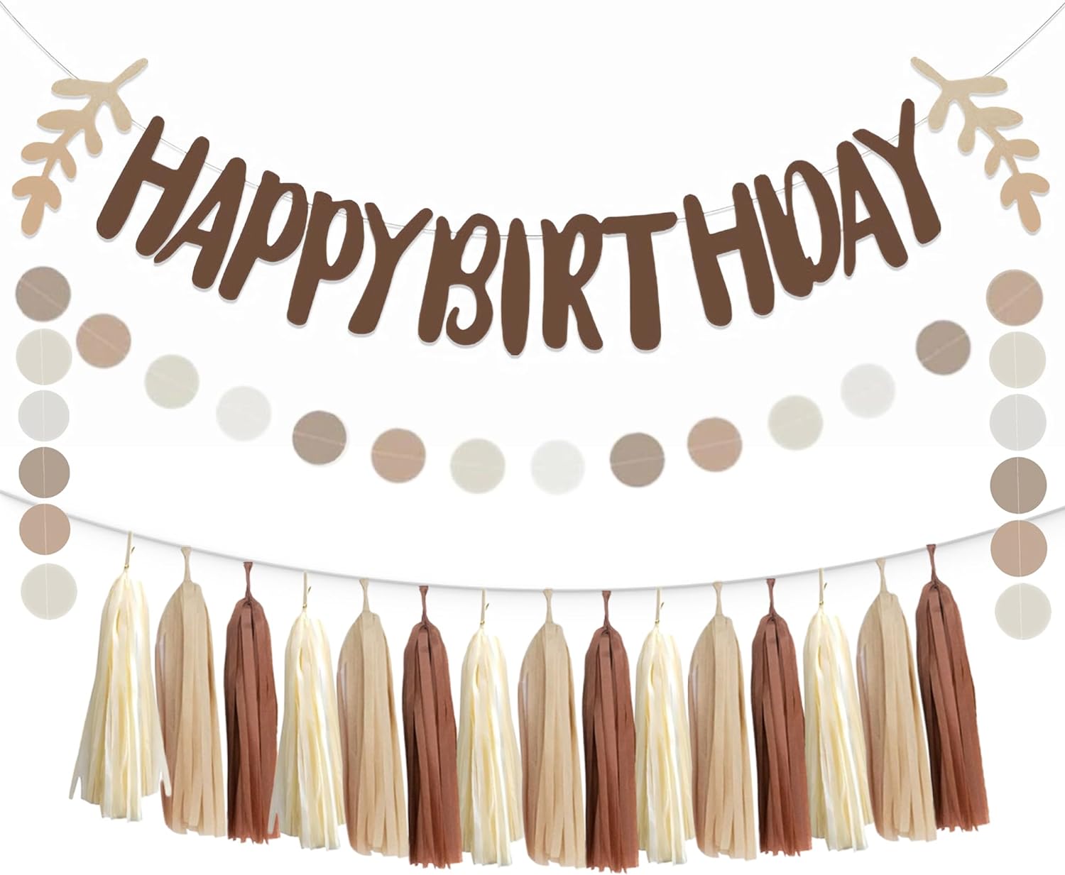 Brown Tan Happy Bithday Sign Banner Gender Neutral Beige Party Tassel Garland Nude Circle Dot Hanging Paper Streamers Backdrop Boho Teddy Bear 1st 2nd Birthday Party Nursery Dcor