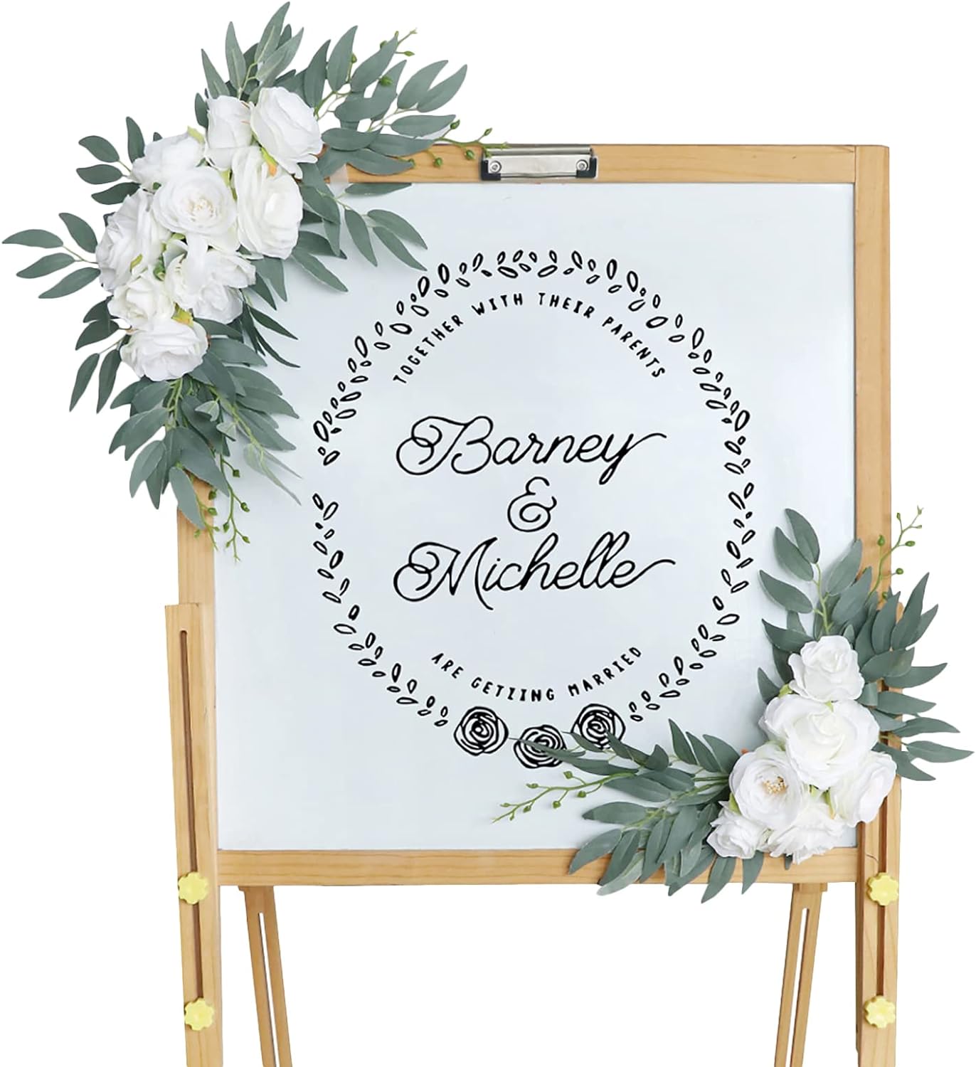 Artificial Flower Swag Set of 2 Wedding Welcome Sign Decorations Wedding Arch White Rose Flowers Garland for Ceremony Reception Backdrop Floral Arrangement