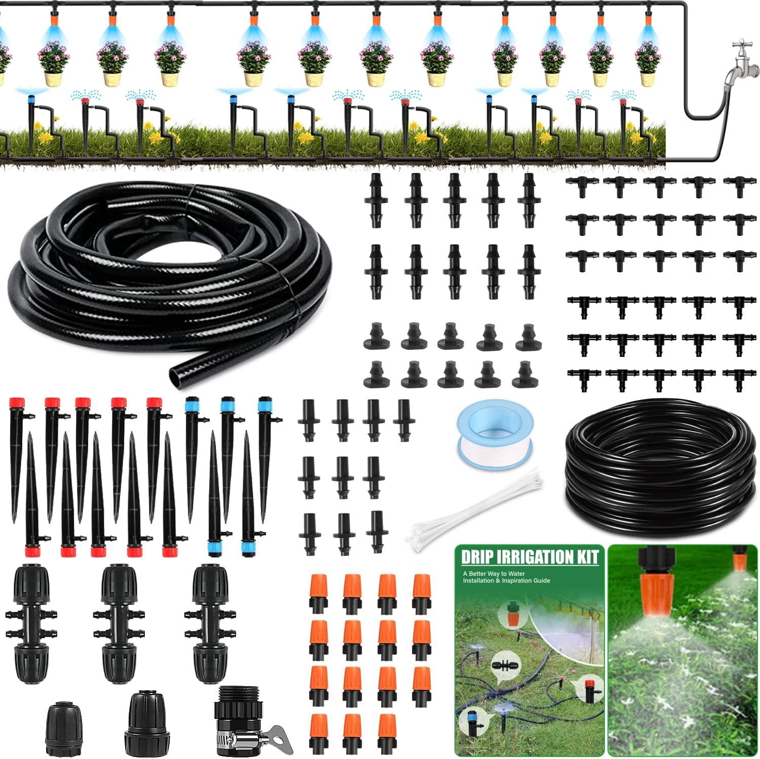 Drip Irrigation Kit, 43m/141ft Garden Watering System with Quick Adapter 1/4 Distribution Tubing Hose Adjustable Nozzle Water Sprinkler No Leaking Automatic Irrigation System Misting for Greenhouse