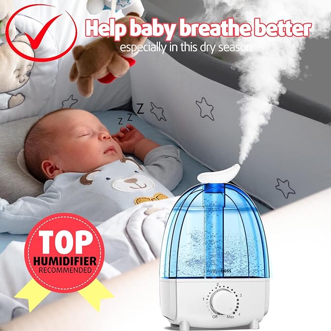 Small Humidifiers for Bedroom, Ultrasonic Air Humidifiers for Home, 3.2L Cool Mist Humidifier, Auto Shut Off, 360 Nozzle for Single Room, Baby Room, Small House, Kids Nursery, Indoor Plant