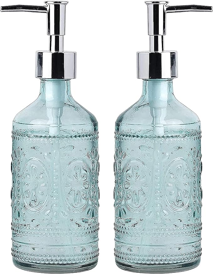 WHOLE HOUSEWARES | Glass Hand Soap Dispenser and Lotion Dispenser Bottles | Set of 2 | Embossed Vintage Design | 12oz Mosaic Glass Dispensers (Turquoise)
