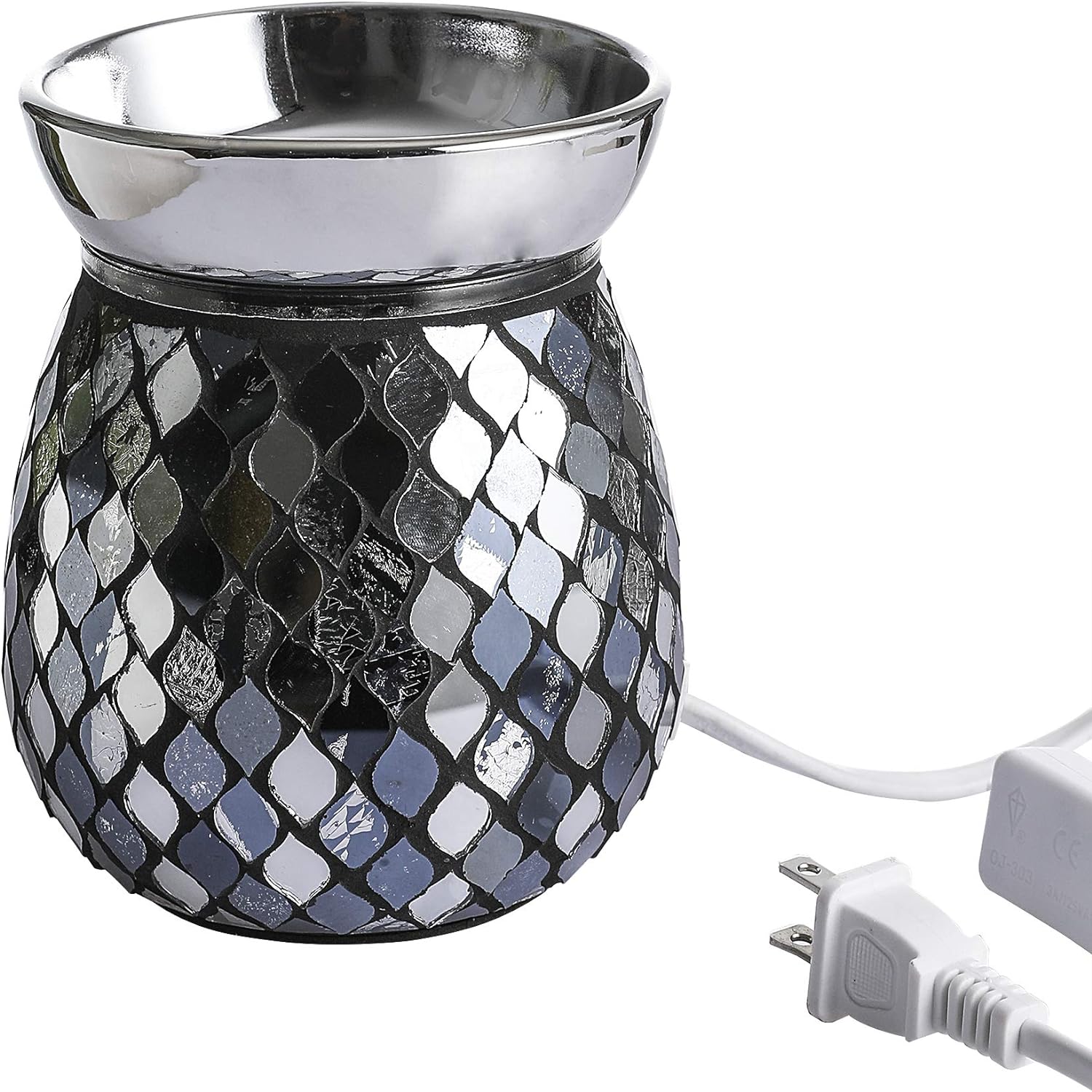 WHOLE HOUSEWARES | Mosaic Glass Fragrance and Candle Warmer for Heating Scented Candles | Electric Wax Melt Warmer | 4.9X5.7 Inch Decorative Lamp | Great for Gift & Home Decoration (Black/Silver)