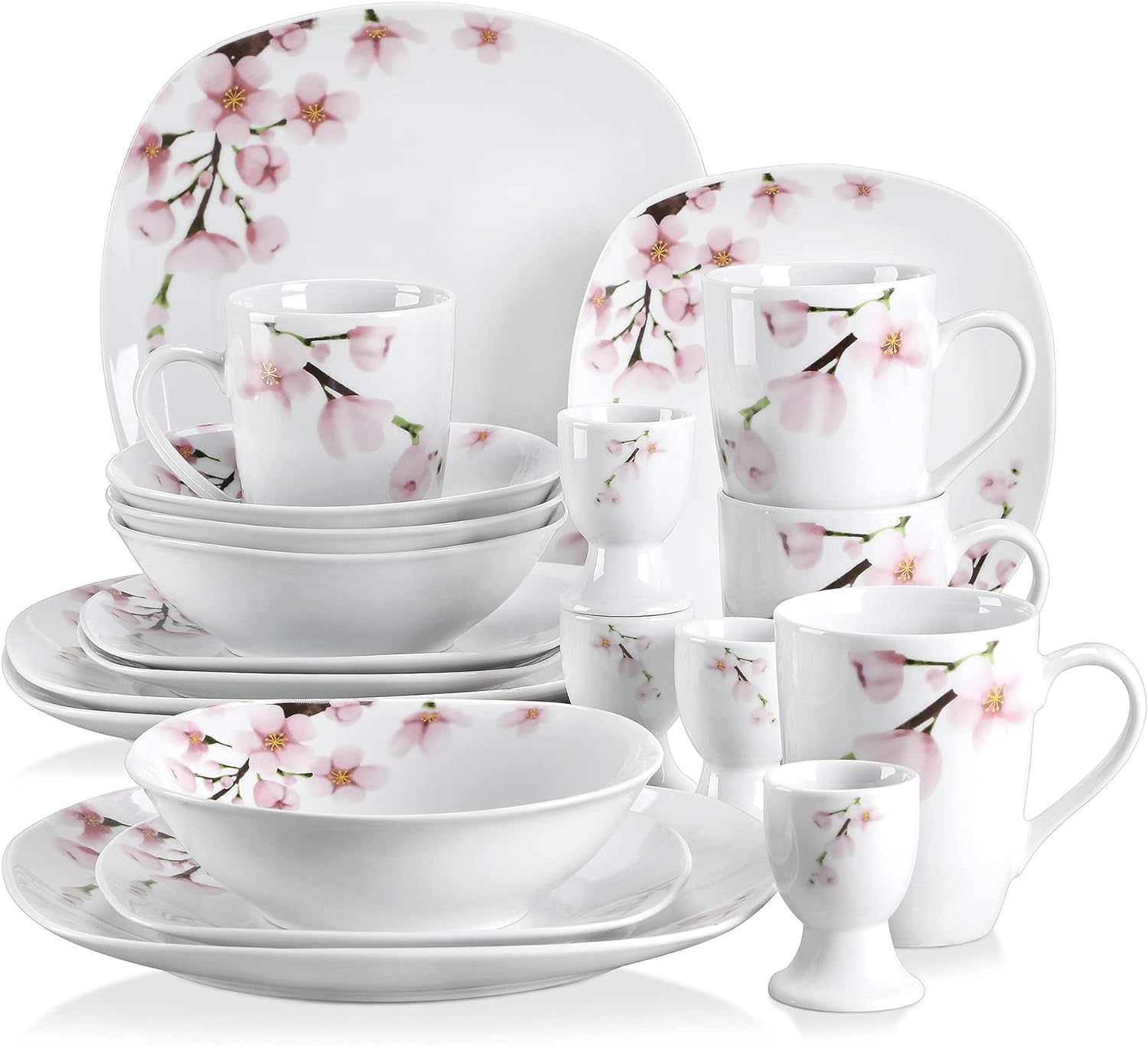 VEWEET, Series Annie, 20-Piece Porcelain Dinnerware Set with Pink Floral, White Plates and Bowls Sets Including Dinner Plates, Dessert Plates, Mugs and Egg Cups, Service for 4