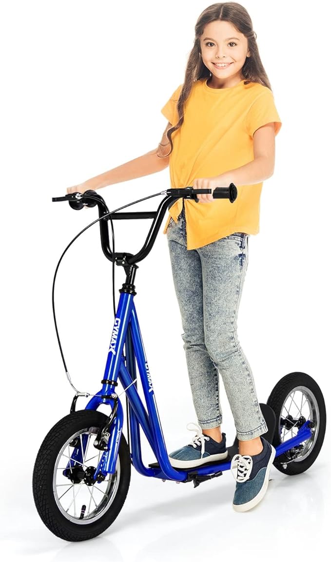 GYMAX Scooter, Kids Scooter with Front and Rear Caliper Brakes, 12 Inflatable Wheels & Axle Pegs, Height Adjustable All Terrain Off-Road Scooter, Pre-Assembled Scooter for 8+ Youth Adults