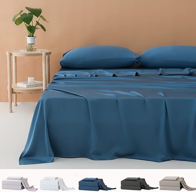 Bedbay Sheets Queen Size Bed Set,Viscose for Bamboo Sheet,Silky Soft Cooling Sheets for Hot Sleepers,Luxury Queen Sheet Set Deep Pocket,1 Flat Sheet,1 Fitted Sheet,2 Pillowcases-Blue,Queen