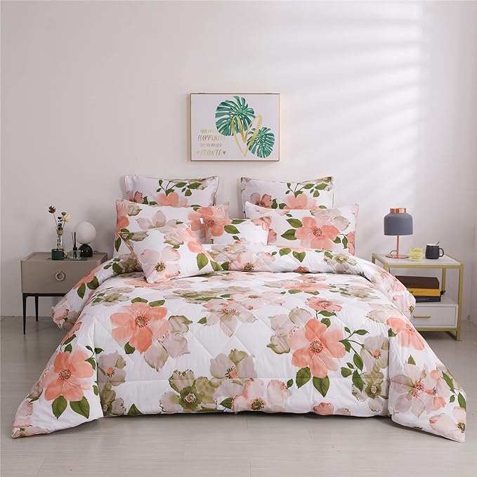 FADFAY Watercolor Comforter Set King 3Pcs Shabby Floral Quilt 100% Cotton Fabric with Soft Microfiber Inner Fill Bedding Lightweight Reversible All Season Down Alternative Duvet Insert 3Pcs, King