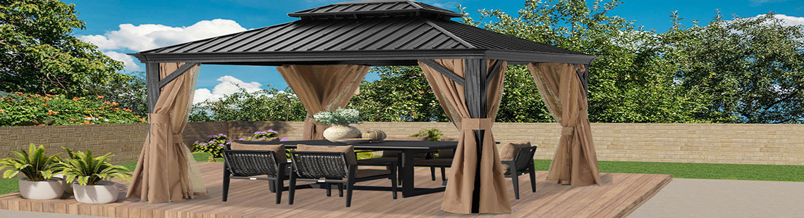 YOLENY 10'x13' Hardtop Gazebo, Outdoor Polycarbonate Double Roof Canopy, Aluminum Frame Permanent Pavilion with Curtains and Netting, Sunshade for Garden, Patio, Lawns