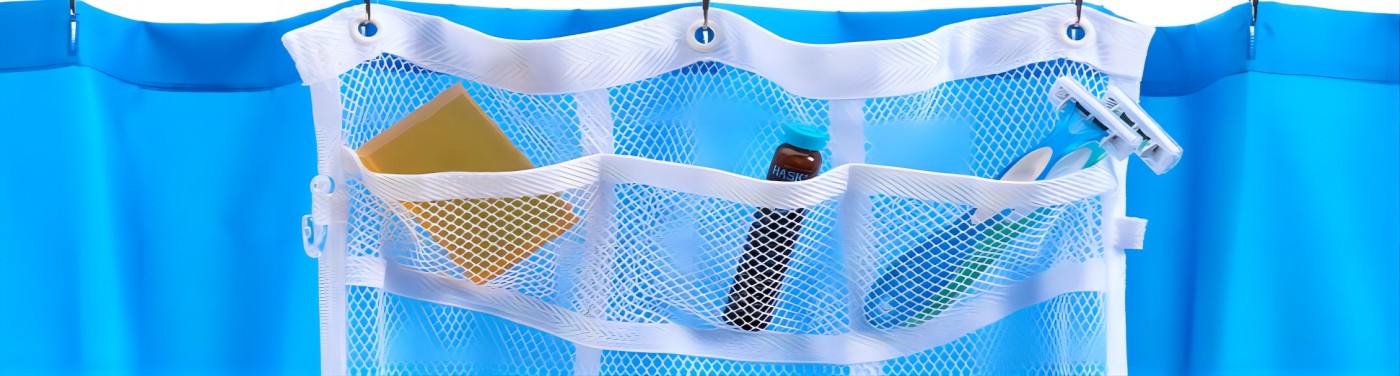 S&T INC. Shower Organizer, Shower Caddy or Bathroom Organizer with Quick Drying Mesh, 7 Pockets to Hold Shampoo, Soap, Loofah, and Cruise Ship Essentials, 14 Inch by 30 Inch, White, 1 Pack