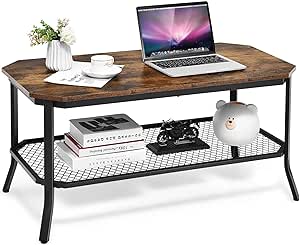 COSTWAY Industrial Coffee Table, 2-Tier Cocktail Tea Table with Open Mesh Storage Shelf, Wooden Finish Tabletop, Metal Frame, Sofa Side Central Table for Living Room, Bedroom, Rustic Brown
