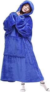 Waitu Wearable Blanket Sweatshirt Gifts for Women and Men, Warm and Cozy Giant Blanket Hoodie, Thick Flannel Blanket with Sleeves and Giant Pocket - Blue