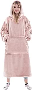 Waitu Wearable Blanket Sweatshirt for Women and Men, Super Warm and Cozy Giant Blanket Hoodie, Thick Flannel Blanket with Sleeves and Giant Pocket - Pink
