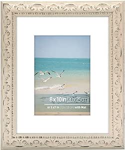 WYNCO 8x10 inch DIstressed Wood Embossed Scroll Motif Vintage Antique Rustic Picture Frame, White Mat for 5x7 in Photo, Art Print Drawing, Wall Hanging or Desktop Display-Washed White