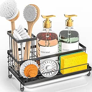 Cisily Sink Caddy Kitchen Sink Organizer, Sponge Holder for Kitchen Sink with Removable Drip Tray for Countertop Dish Soap Holder Dispenser Higher Brush Holder, 304 Stainless Steel Accesorios