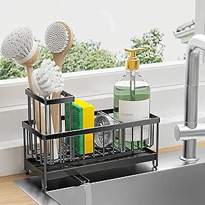 Cisily Sponge Holder for Kitchen Sink, Sink Caddy with High Brush Holder, Organzier Rustproof 304 Stainless Steel Dish Organizer Divider, Soap Dispenser Storage