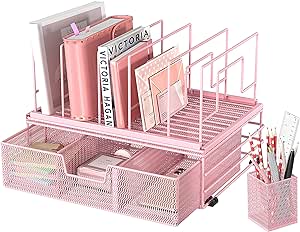 Cisily Pink Desk Organizers and Accessories, 5 Vertical File Holders Home Office Supplies, Desktop Organization with Drawer and Pen Holders