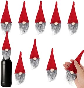 FOMIYES 10 Pcs Christmas Gnomes Wine Bottle Cover Swedish Gnomes Wine Bottle Toppers Red Gnome Hat Wine Bottle Decorations for Home Holiday Christmas Santa Claus Decor Gift