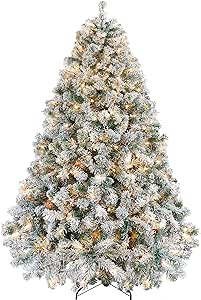 Yaheetech 6ft Pre-lit Artificial Christmas Tree with Incandescent Warm White Lights, Snow Flocked Full Prelighted Xmas Tree with 820 Branch Tips, 250 Incandescent Lights & Foldable Stand, White