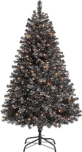 Yaheetech 4.5ft Pre-lit Halloween Black Spruce Artificial Hinged Christmas Pine Tree Prelighted Xmas Tree for Home Party Holiday Decoration with 150 Clear Warm White Lights and 324 Branch Tips, Black