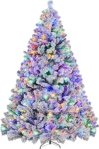 Yaheetech 7.5ft Pre-lit Spruce Artificial Christmas Tree Snow Flocked Hinges Tree with 550 Multicolor LED Lights & 1284 Branch Tips & Metal Stand for Home, Office, Party Decoration, White