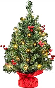 Yaheetech 2ft Prelit Tabletop Artificial Mini Christmas Tree with Red Berries Includes Cloth Bag Base for Bedroom Table Desk Porch Coffee Table, Little Xmas Tree for Home Office Holiday Decor, 1 Pack