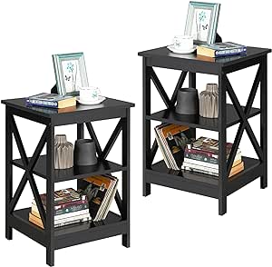 Yaheetech Black End Table Set of 2, 16x16x24 in Sturdy 3-Tier Side Tables with Storage Shelf & Solid Wood Legs, 2Pcs X-Design Modern Sofa Side Table for Living Room Office, Easy Assembly