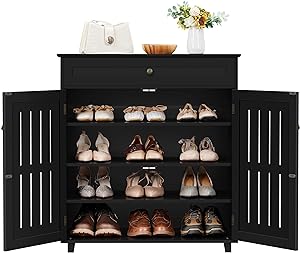 Yaheetech Shoe Cabinet, 4-Tier Shoe Storage Cabinet with Drawer & Adjustable Shelves, Wooden Shoe Rack Organizer with Louvered Doors for Entryway, Hallway, Bedroom, Closet, Living Room, Black