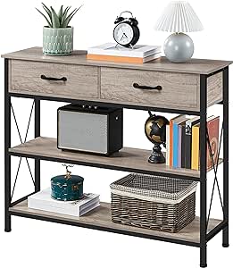 Yaheetech Console Table with 2 Drawers, 3-Tier Entryway Table with Storage Shelves, Narrow Long Sofa Couch Table for Living Room, Hallway, Metal Frame, Gray