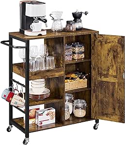 Yaheetech Kitchen Island Cart on Wheels, Rolling Serving Utility Trolley Cart with Storage Cabinet & Adjustable Shelves, Coffee Cart with Barn Door & S-Hooks for Dining Room, Rustic Brown