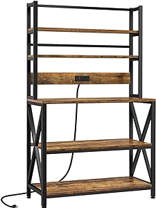 Yaheetech Kitchen Bakers Rack with Power Outlet, 35.5" Width Coffee Bar Station Microwave Oven Stand with X Designed Metal Support, Large Utility Storage Shelf, Rustic Brown