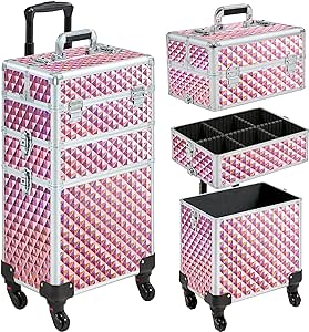 Yaheetech Rolling Makeup Train Case 3 in 1 Cosmetic Case Professional Makeup Suitcase Large Aluminum Cosmetic Trolley with Swivel Wheels and Key, Diamond Pattern- Holographic Pink