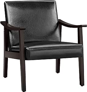 Yaheetech PU Leather Accent Chair, Mid-Century Modern Armchair with Solid Wood Legs, Reading Leisure Chair with High Back for Living Room Bedroom Waiting Room, Black