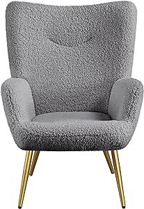 Yaheetech Boucle Fabric Accent Chair, Sherpa Furry Casual Vanity Chair with High Back and Soft Padded, Modern Fuzzy Sherpa Chair, Cozy Armchair for Living Room Bedroom Office, Gray