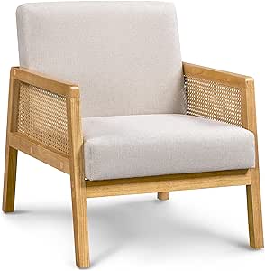 Yaheetech Accent Chair, Rattan Armchair with Rattan Armrest and Wood Legs, Wicker Mid Century Modern Living Room Chair Linen Comfy Lounge Chair for Bedroom Hosting Room Reading Room, Beige