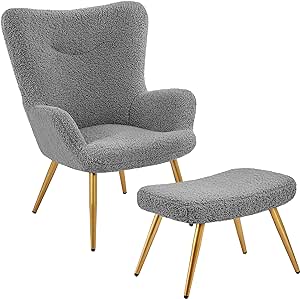 Yaheetech Accent Chair and Ottoman Set, Sherpa Armchair with Golden Metal Legs and High Back, Footstool for Living Room, Lounge, Gray