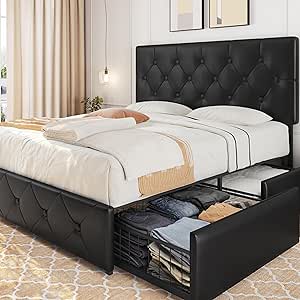 Yaheetech Queen Size Upholstered Bed Frame with 4 Drawers and Adjustable Headboard, Faux Leather Platform Bed with Mattress Foundation Strong Wooden Slats Support, No Box Spring Needed, Black