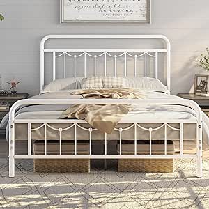 Yaheetech Queen Size Metal Bed Frame with Vintage Headboard and Footboard, Farmhouse Metal Platform Bed, Heavy Duty Steel Slat Support, Ample Under-Bed Storage, No Box Spring Needed, White