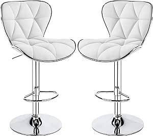 Yaheetech 2pcs Adjustable Bar Stools PU Leather Swivel Bar Chair with Shell Back Pub Chairs Counter Height Home Kitchen Dining Room Chairs, White