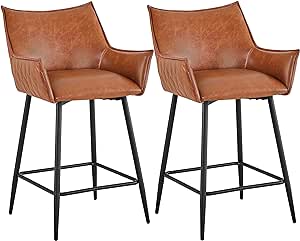 Yaheetech Bar Stools Set of 2 Modern Counter Height Barstools PU Leather Pub Kitchen Bar Chair with Black Metal Legs Mid-Back Armrest, Brown